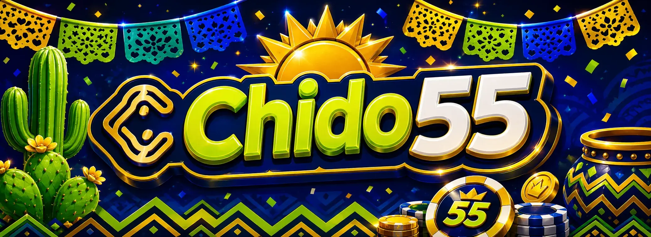 Banner de Chido55 casino México con el bono de hasta 300% en el primer depósito y motivos de feria mexicana